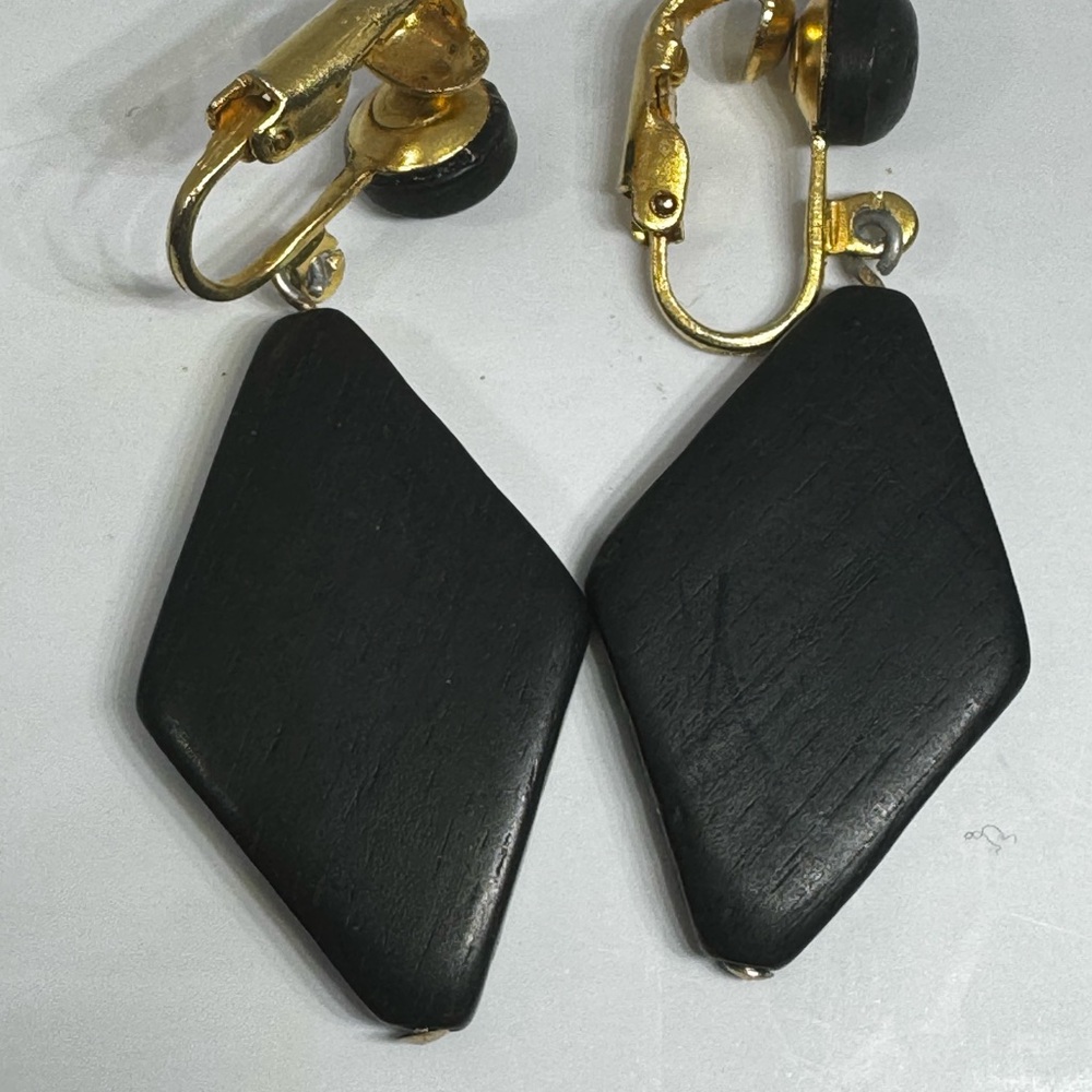 Art Deco Whitby Jet Drop Earrings Gold Plated Clip On 1920s Mourning